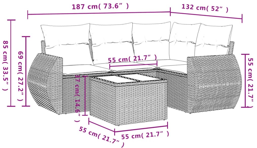 vidaXL Σαλόνι Κήπου Σετ 5 Τεμαχίων Καφέ Συνθετικό Ρατάν με Μαξιλάρια
