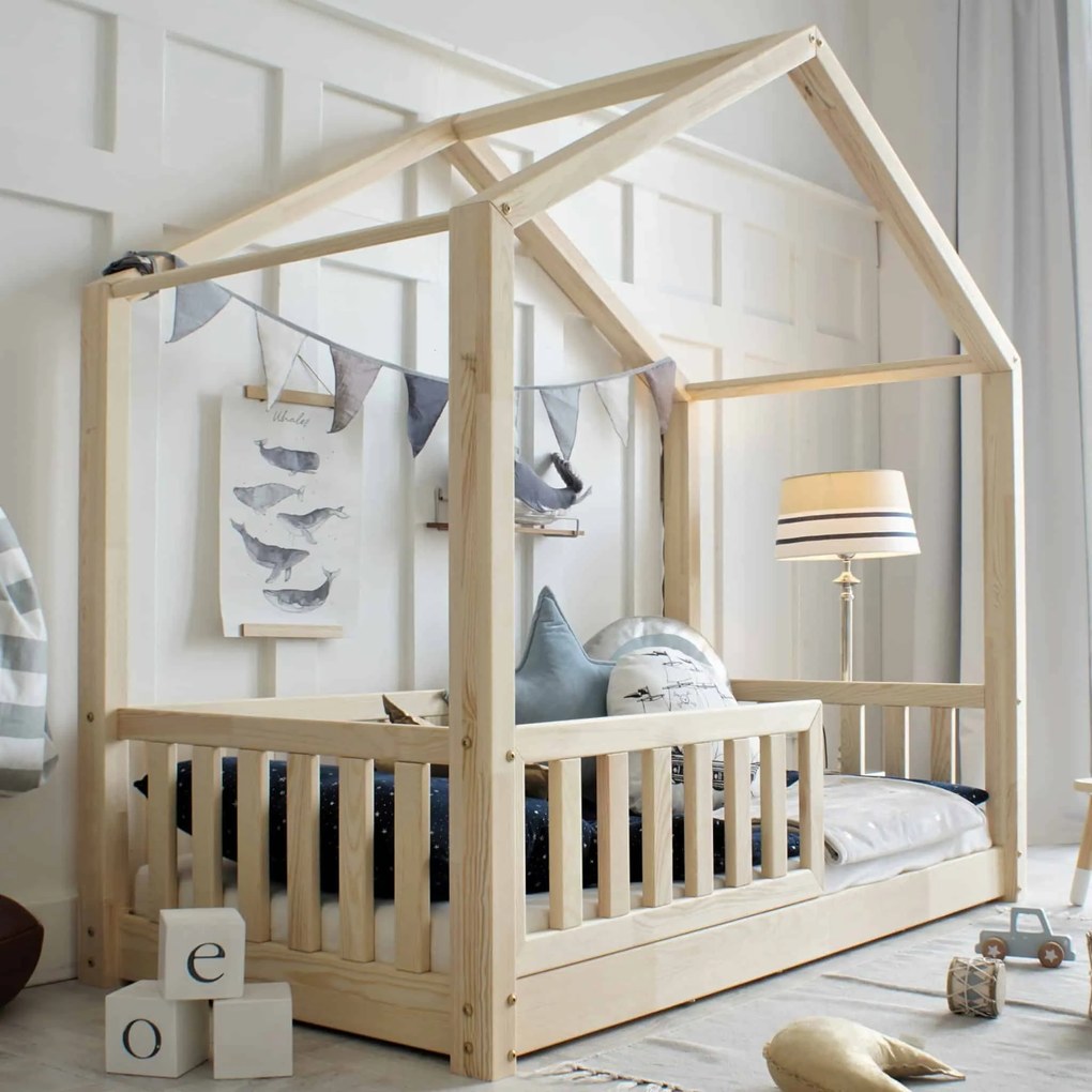 Κρεβάτι Παιδικό Montessori House Bed με κάγκελα 30cm σε Φυσικό  Ξύλο  90×190cm  Luletto (Δώρο 10% έκπτωση στο Στρώμα)