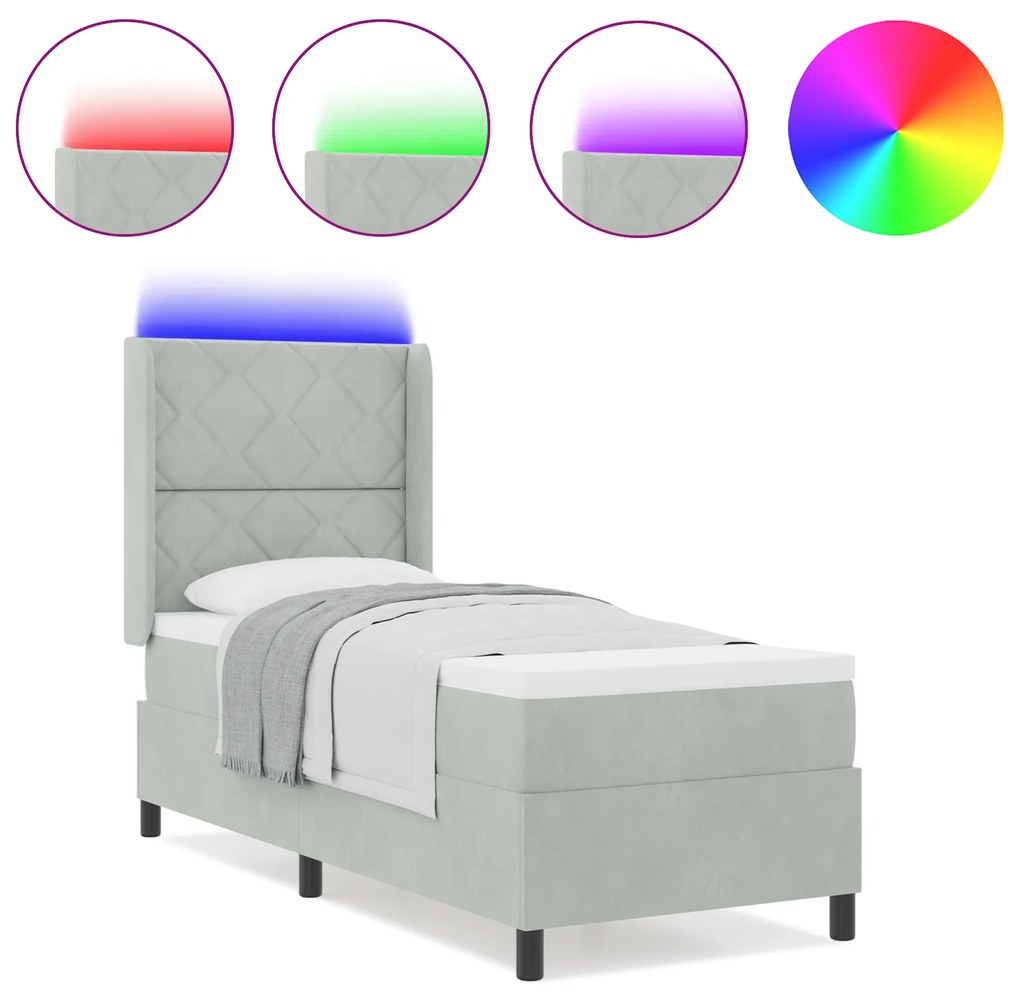 vidaXL Κρεβάτι με Ματράς & LED Ανοιχτό Γκρι 80x200 εκ Βελούδο