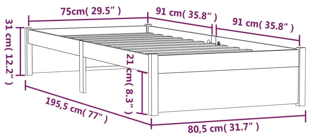 Πλαίσιο Κρεβατιού Λευκό 75x190 εκ. Μασίφ Ξύλο Small Single 814910