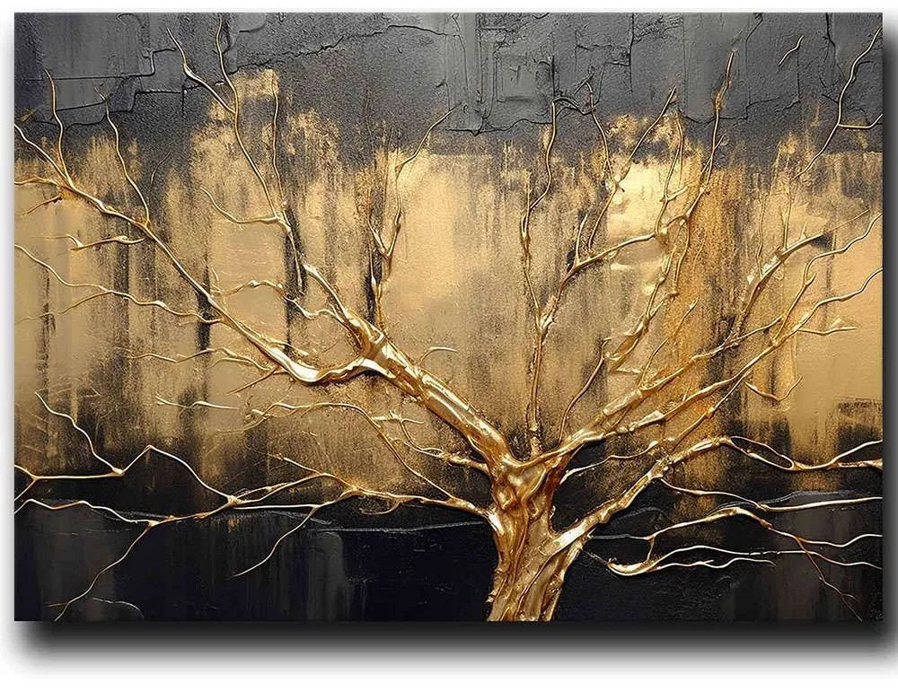 Πίνακας Καμβάς 895FNA1206 100x70cm Black-Gold Wallity Οριζόντιοι Ξύλο, Καμβάς