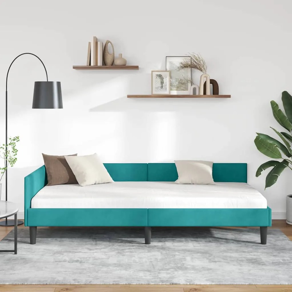 vidaXL Πλαϊνό Κρεβάτι Τιρκουάζ 100 x 200 cm Βελούδο και Στιβαρή ξυλεία