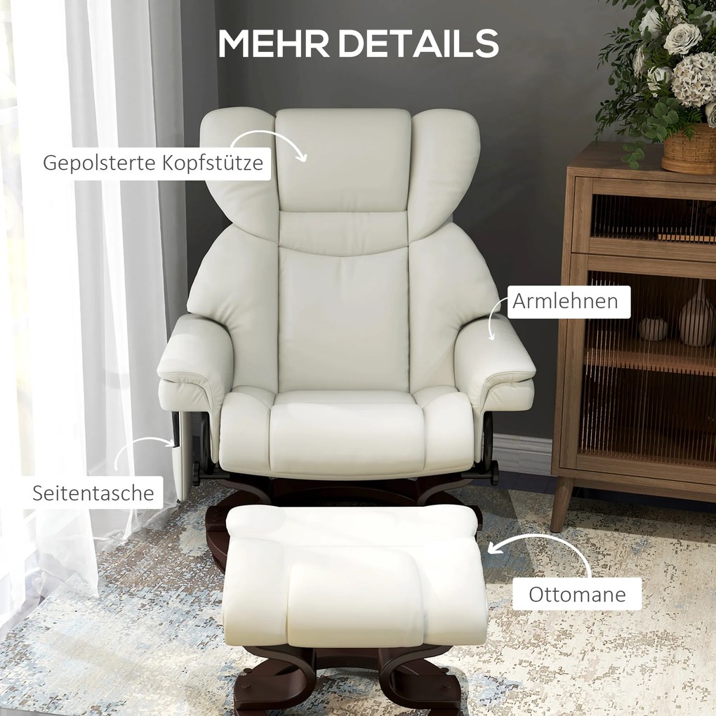 HOMCOM Πολυθρόνα Relax με λειτουργία μασάζ και υποπόδιο, πολυθρόνα ανάκλισης, συνθετικό δέρμα, 79 x 82 x 101 cm, Κρεμ λευκό