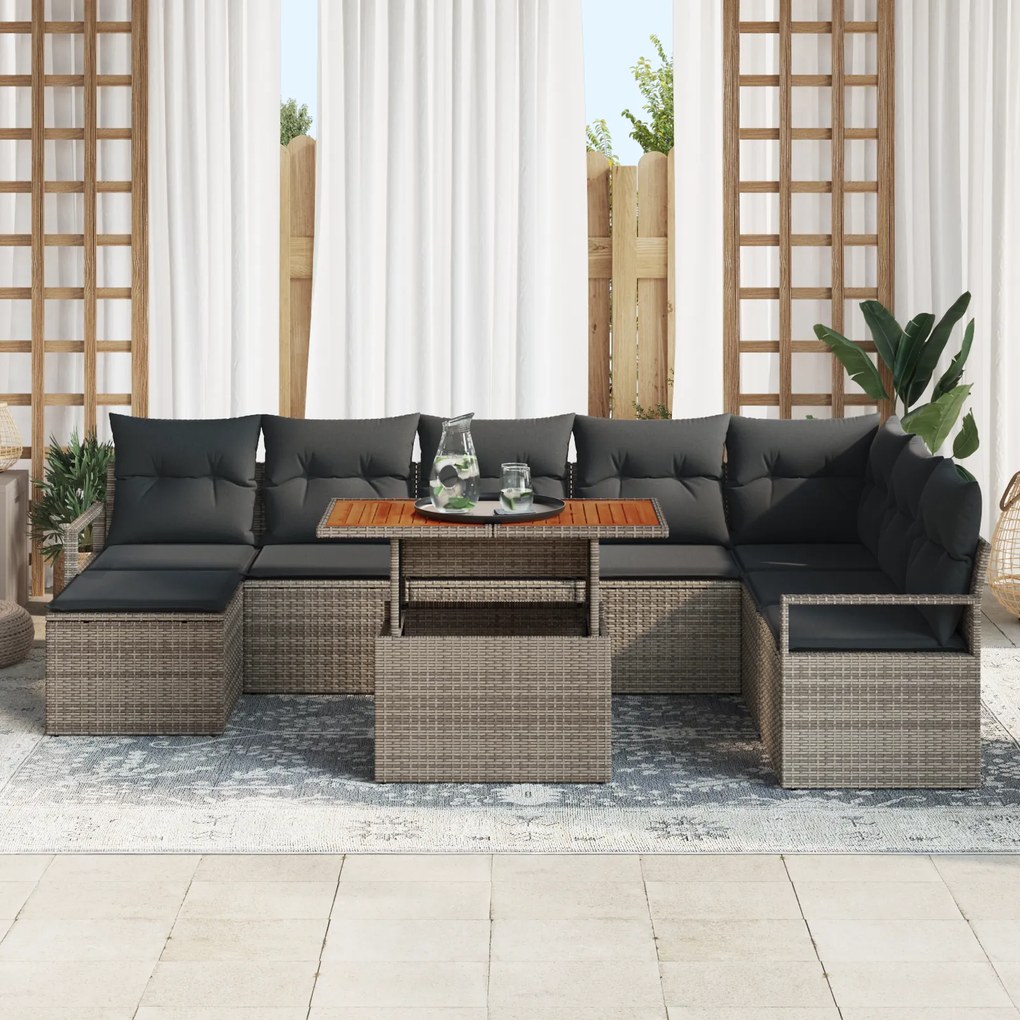 vidaXL 9 τεμαχίων καναπέ κήπου με γκρι πολυ rattan και μαξιλάρια