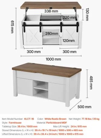 VEVOR 1000 mm Farmhouse Lift Top Coffee Table, Rustic Center Table with Barn Door and Hidden Storage Compartment, Modern Rectangle Lifting Tabletop for Living Room, Office, Home, Easy Assembly, Brown