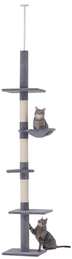 PawHut Ορθόστατης Τροχιστής Κρεβατιού, Ρυθμιζόμενο σε Ύψος, Σταθερό Δέντρο Γάτας με Στήλες Σιζάλ, Δέντρο Αναρρίχησης Γάτας, Γκρι, 40 x 34 x 230-260 εκ.