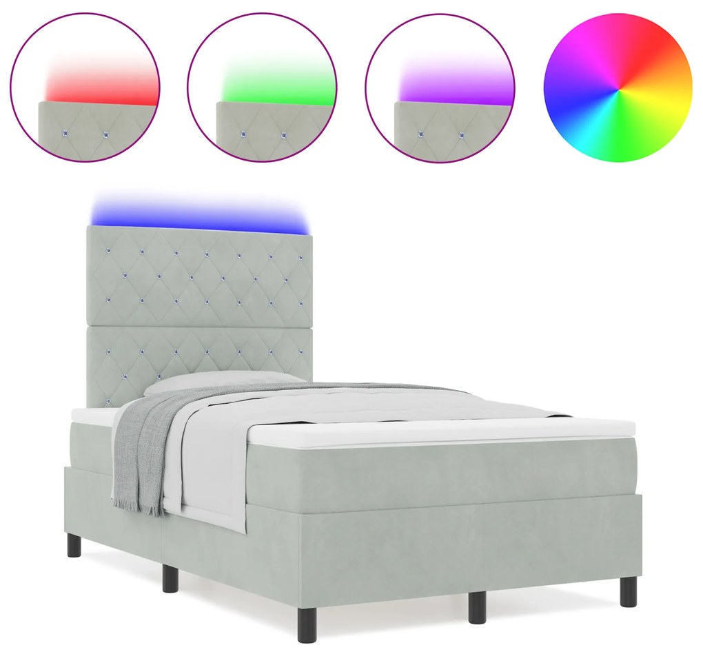 vidaXL κρεβάτι box spring με στρώμα και LED Φωτισμός Γκρι 120x190 εκ Βελούδο