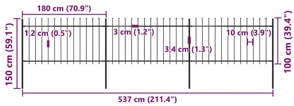 vidaXL Φράχτης Κήπου με Κορυφή Δόρυ Μαύρος Ατσάλινος 537 x 100 εκ.