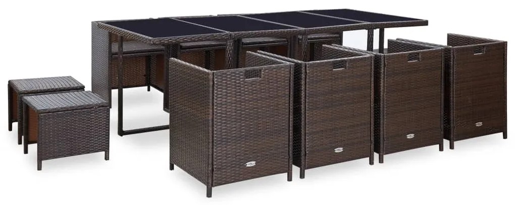 vidaXL Σετ Τραπεζαρίας Εξ. Χώρου 13 τεμ. Καφέ Συνθ. Ρατάν με Μαξιλάρια