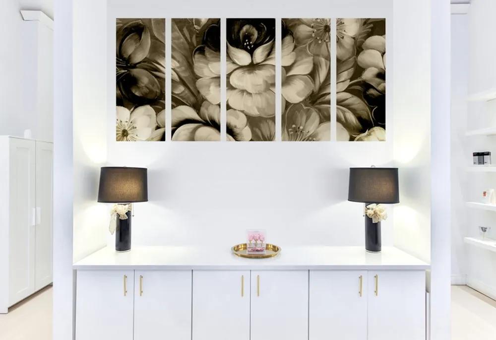 Εικόνα 5 μερών ιμπρεσιονιστικός κόσμος λουλουδιών σε σχέδιο σέπια - 200x100