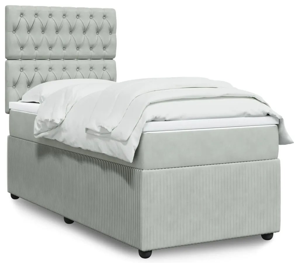 vidaXL Κρεβάτι Boxspring με Στρώμα Ανοιχτό Γκρι 90x200 εκ. Βελούδινο