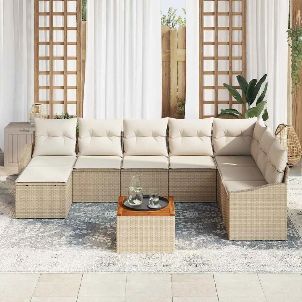 vidaXL Σετ Καναπέ Κήπου με μαξιλάρι 9 pcs Μπεζ Πολυ ράταν