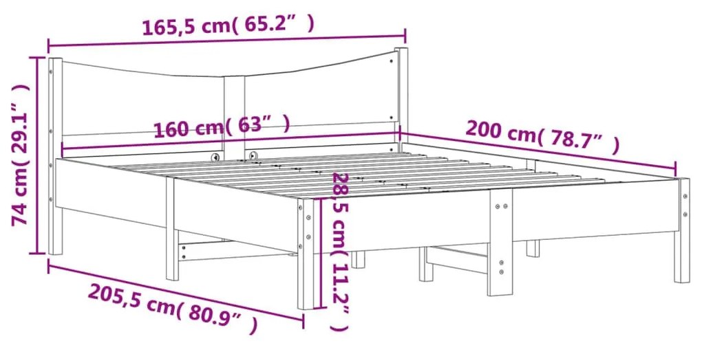 Πλαίσιο Κρεβατιού με Κεφαλάρι Μελί 160x200εκ. Μασίφ Ξύλο Πεύκου - Καφέ