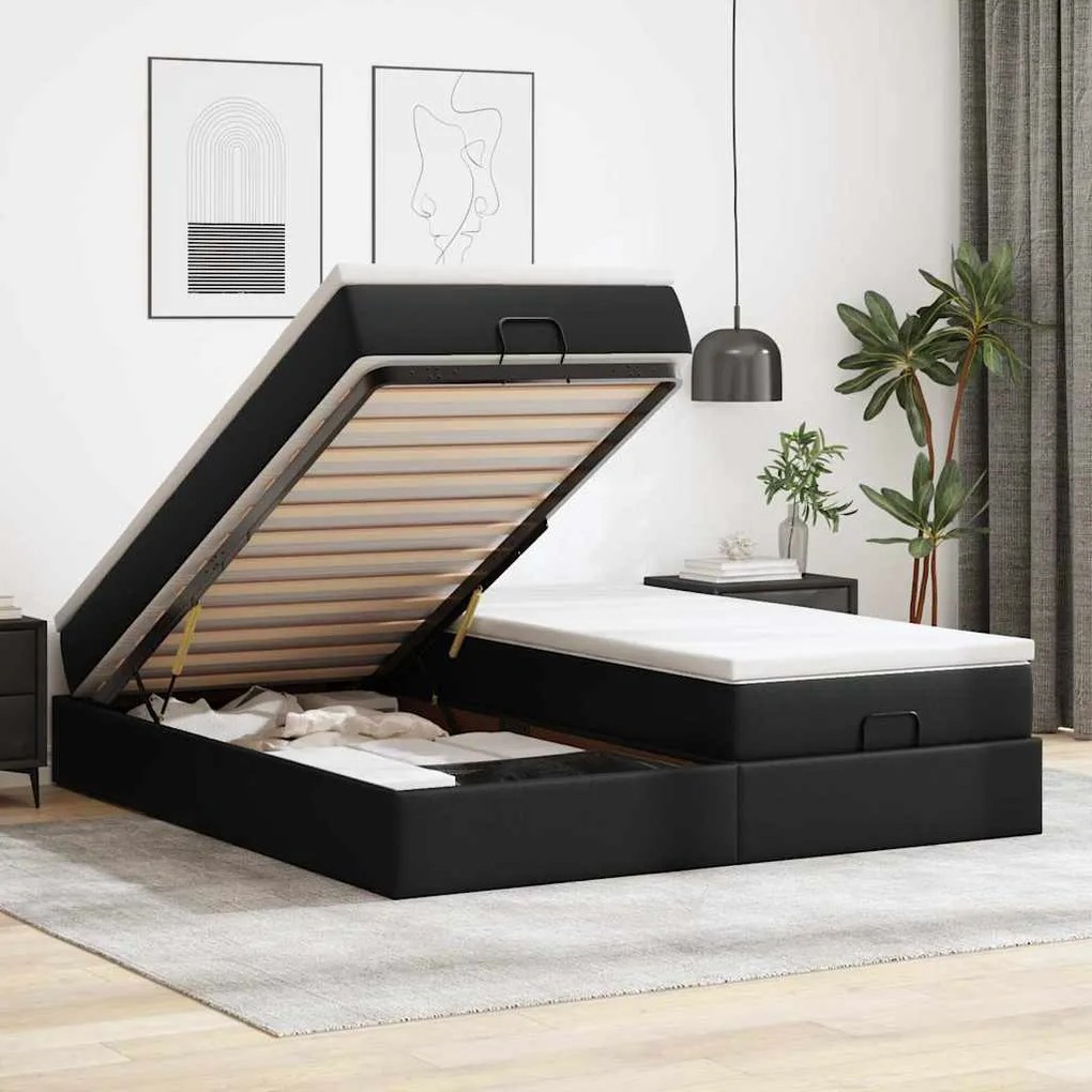 vidaXL Οθωμανικό κρεβάτι με στρώματα Μαύρο 160x200cm Συνθετικό δέρμα