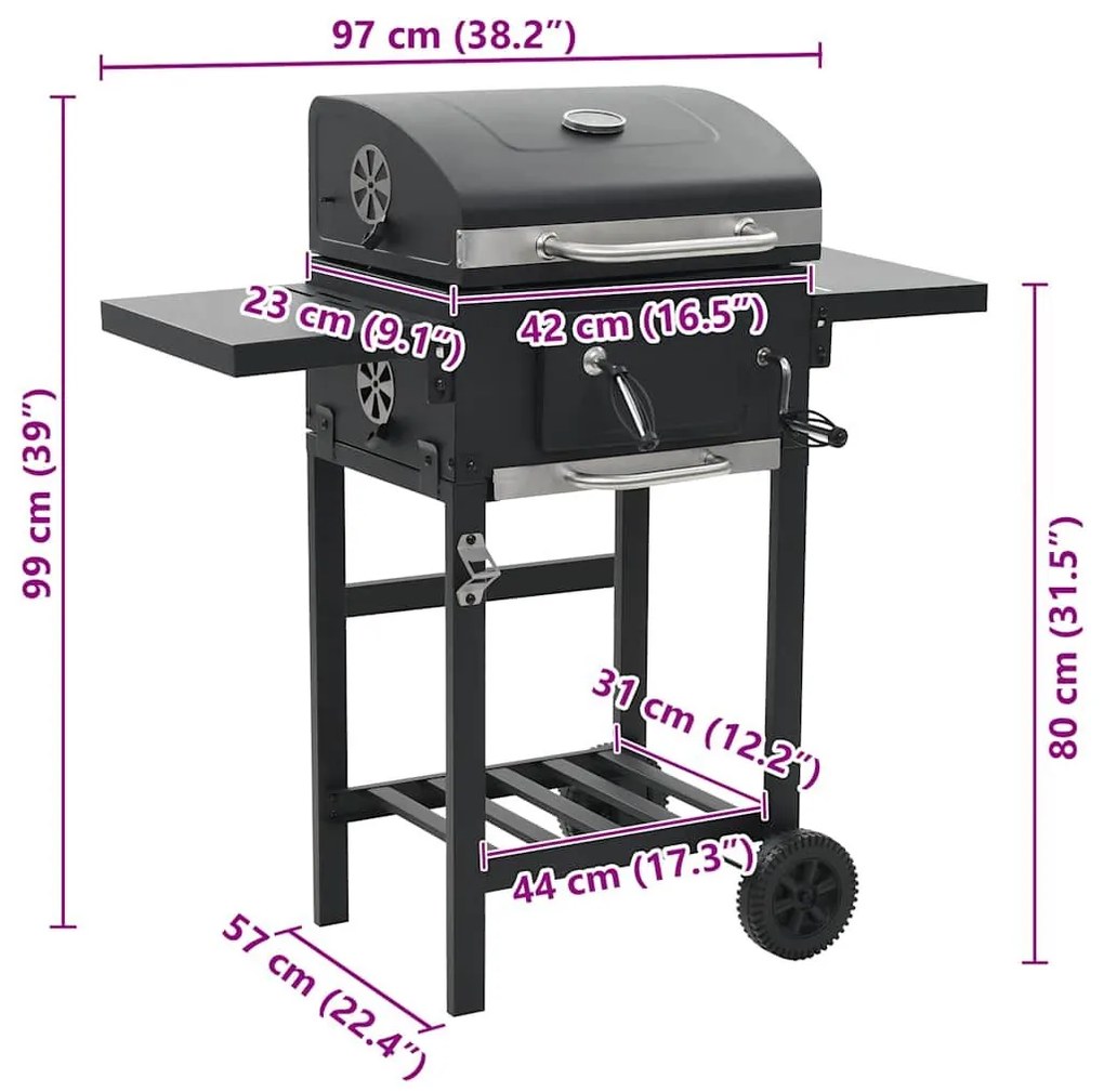 Ψησταριά Κάρβουνου / BBQ Μαύρη με Κάτω Ράφι - Μαύρο