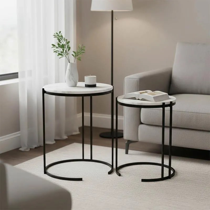 Boηθητικά τραπέζια σαλονιού σετ 2τεμ Luxere Inart μαύρο μέταλλο-λευκό μαρμάρου 40x40x53 εκ.