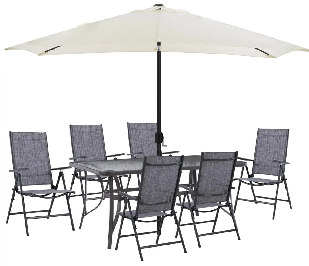 Σετ Κήπου Τραπεζαρία HM11480 8 τεμ Γκρί με Ομπρέλα Μπέζ &amp; Τραπέζι 150x90x75 εκ. με 6 Καρέκλες