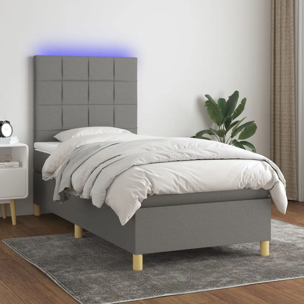 Κρεβάτι Boxspring με Στρώμα & LED Σκ.Γκρι 90x190 εκ. Υφασμάτινο