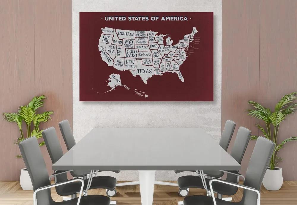 Εικόνα στον εκπαιδευτικό χάρτη των ΗΠΑ από φελλό με φόντο μπορντό - 120x80  color mix