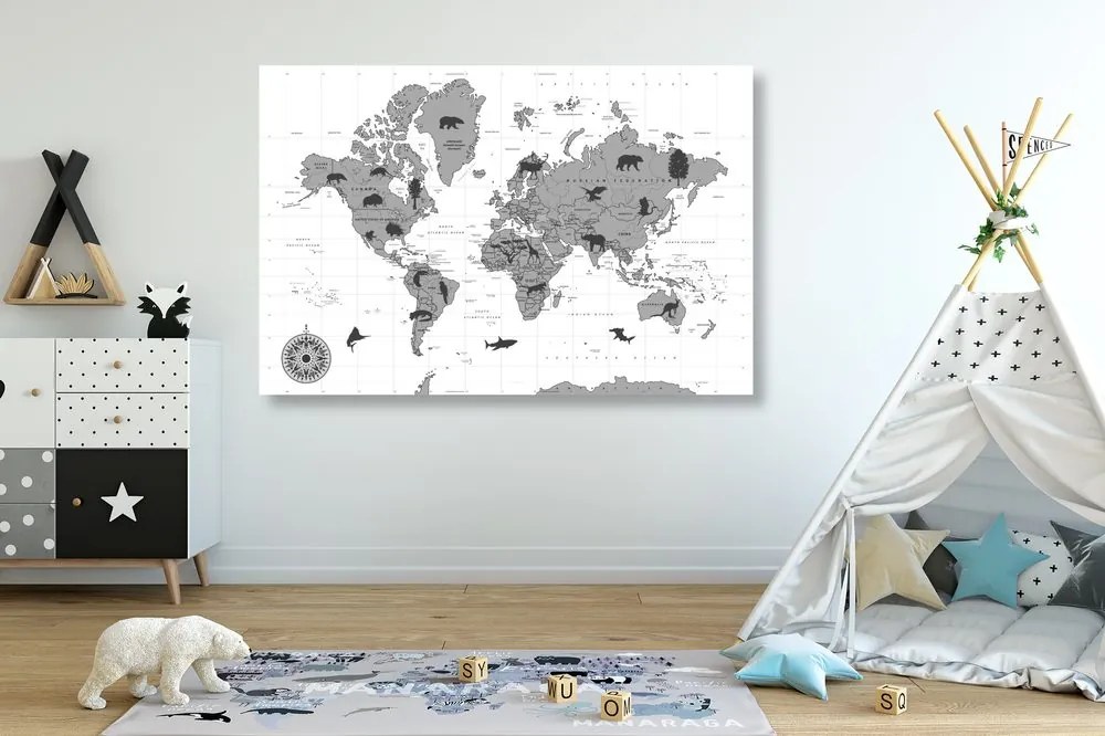 Εικόνα σε χάρτη από φελλό με ζώα σε ασπρόμαυρο σχέδιο - 120x80  peg
