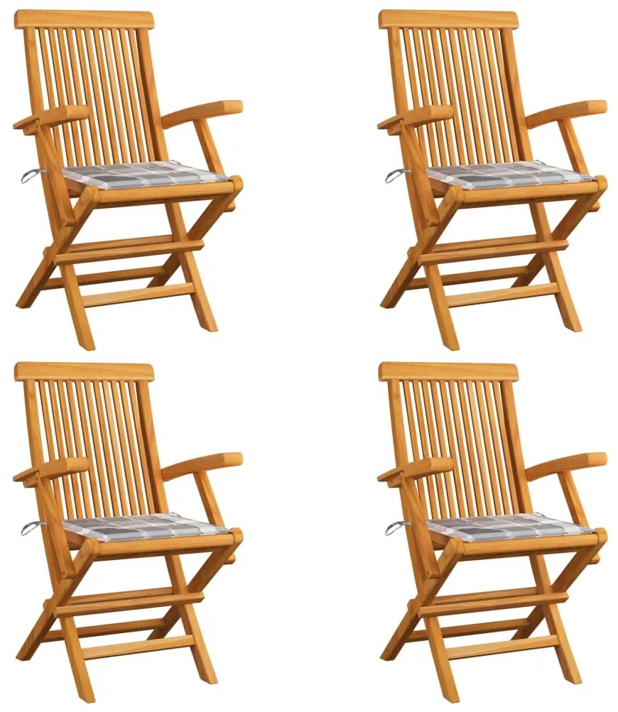 vidaXL Καρέκλες Κήπου 4 τεμ. Μασίφ Ξύλο Teak με Γκρι Καρό Μαξιλάρια