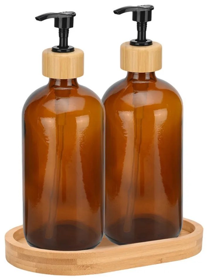 Δοχεία Κρεμοσάπουνου Γυάλινα Bamboo Essentials (Σετ 3Τμχ) 02-28800 500ml Με Δίσκο Honey-Natural Estia Γυαλί,Bamboo