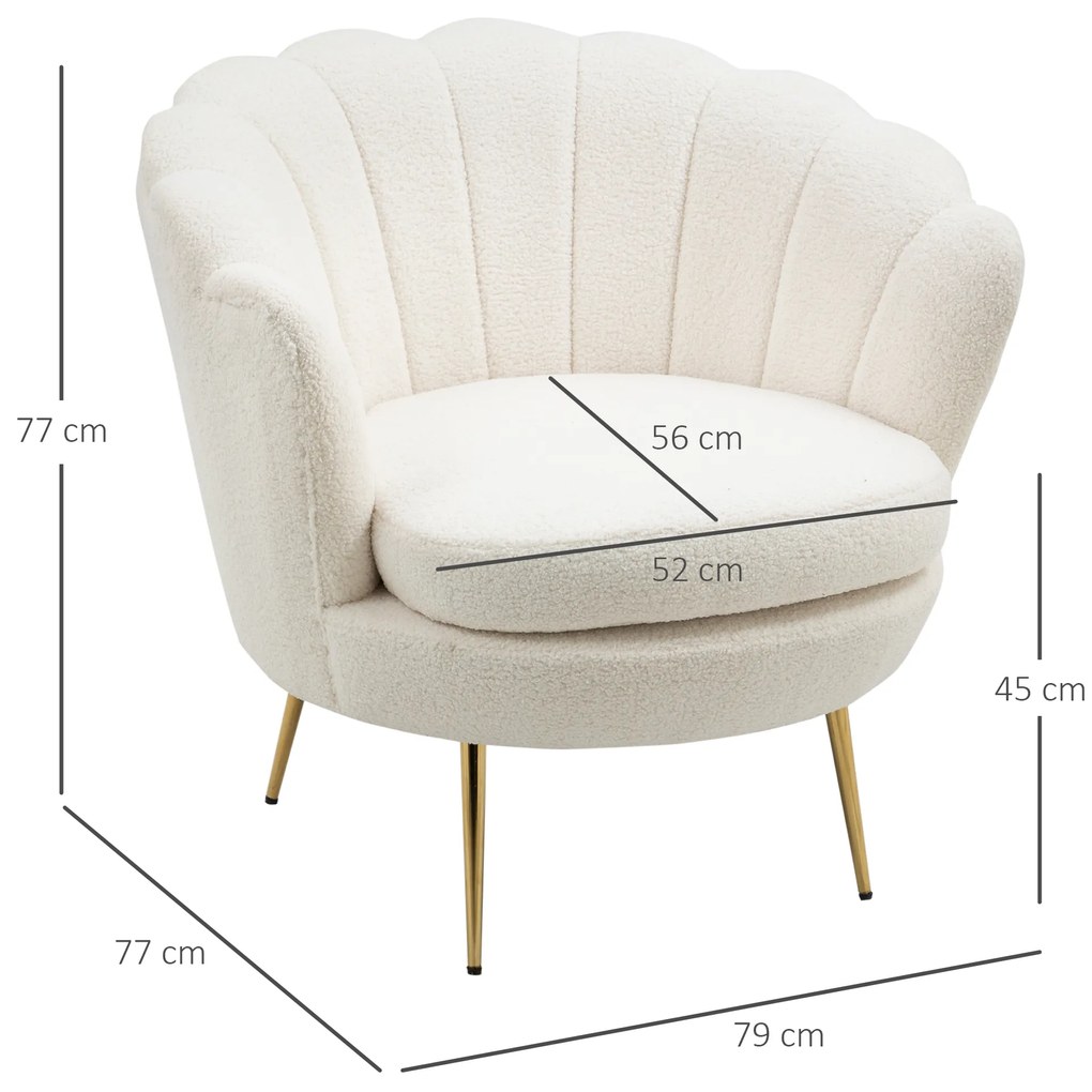 HOMCOM Πολυθρόνα σε σχήμα κοχύλι, Πολυθρόνα χαλάρωσης, Πολυθρόνα αναψυχής, Μεταλλικά πόδια σε χρυσή απόχρωση, 79Μ x 77Π x 77Υ cm, Λευκό