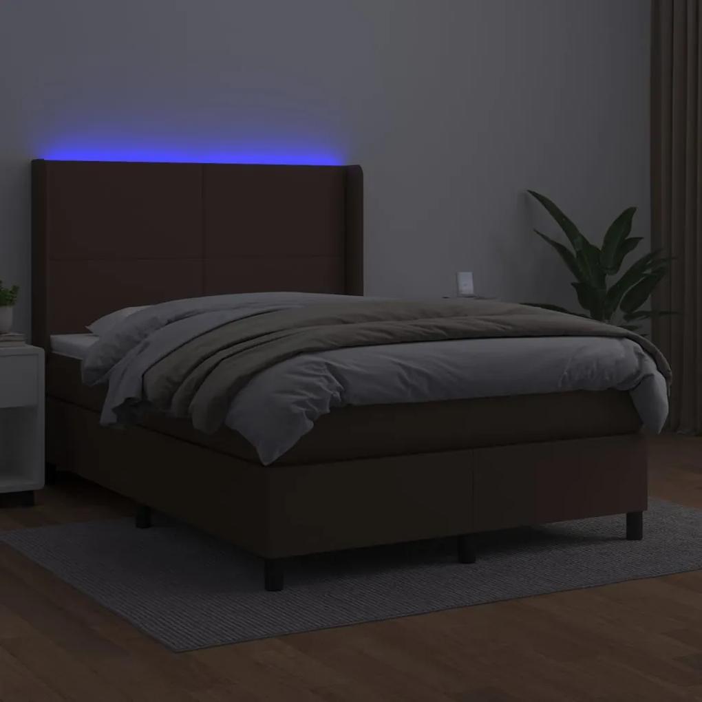 vidaXL Κρεβάτι Boxspring με Στρώμα & LED Καφέ 140x190 εκ. Συνθ. Δέρμα