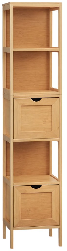 kleankin Ντουλάπι μπάνιου, 3 ράφια, 2 συρτάρια, Μπαμπού, 30 cm x 30 cm x 140 cm, Φυσικό