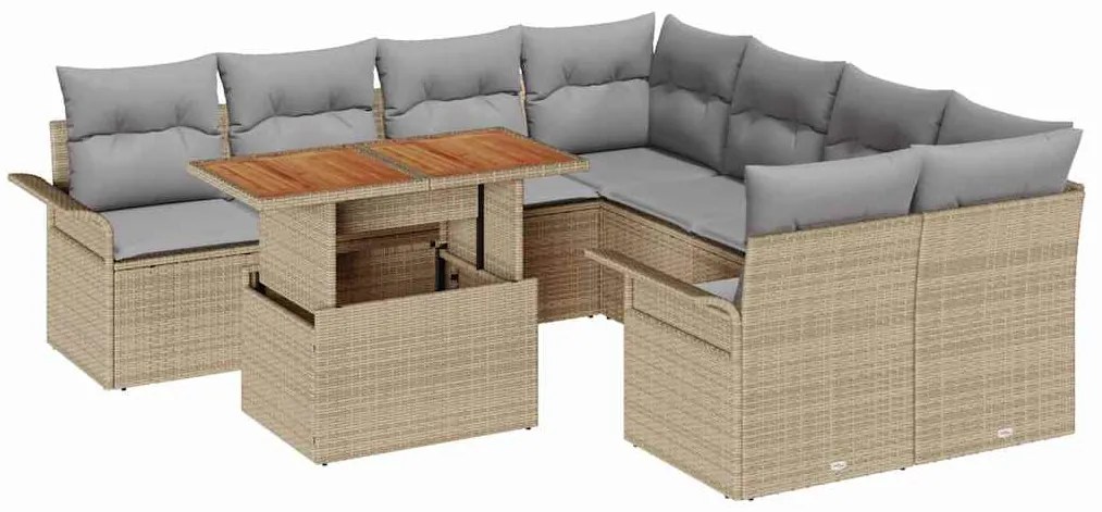 vidaXL Σετ Καναπέ Κήπου με αποθήκευση 9 pcs Μπεζ Πολυ ράταν
