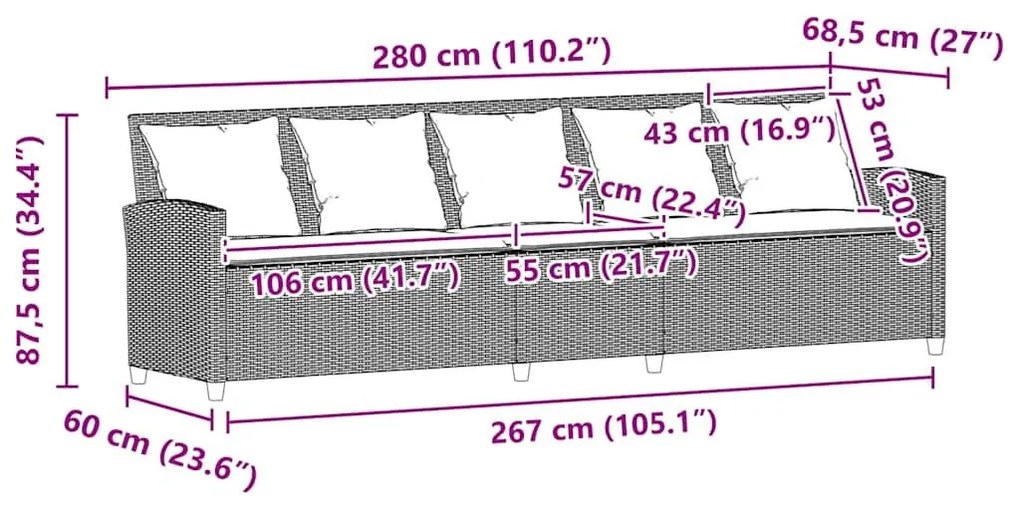 Καναπές κήπου 5θέσιος με μαξιλάρια Brown Poly Rattan - Καφέ