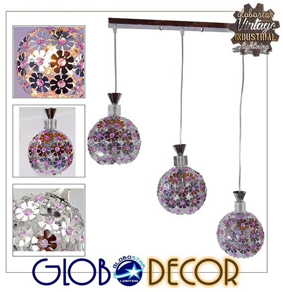 GloboStar® ILLUME 01249 Μοντέρνο Κρεμαστό Φωτιστικό Οροφής Τρίφωτο 3 x E27 Ασημί Μεταλλικό με Κρύσταλλα Μ64 x Π18 x Υ24cm