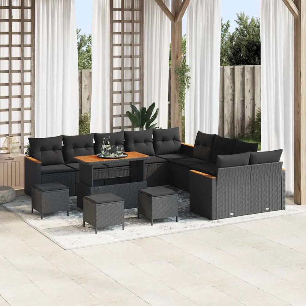 vidaXL Σετ Καναπέ Κήπου με μαξιλάρι 14 pcs Μαύρο Πολυ ράταν