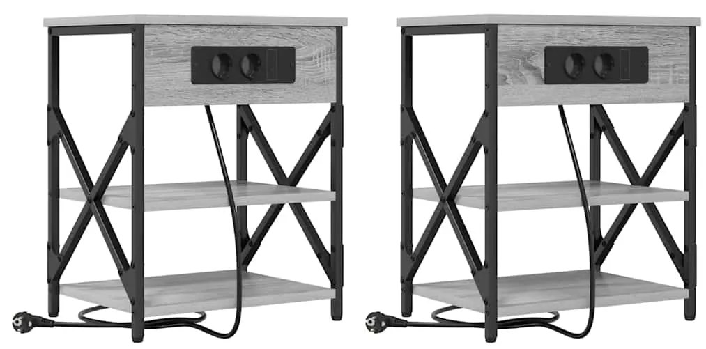 vidaXL Κομοδίνο με Σταθμό Φόρτισης με ράφι 2 pcs Γκρι sonoma