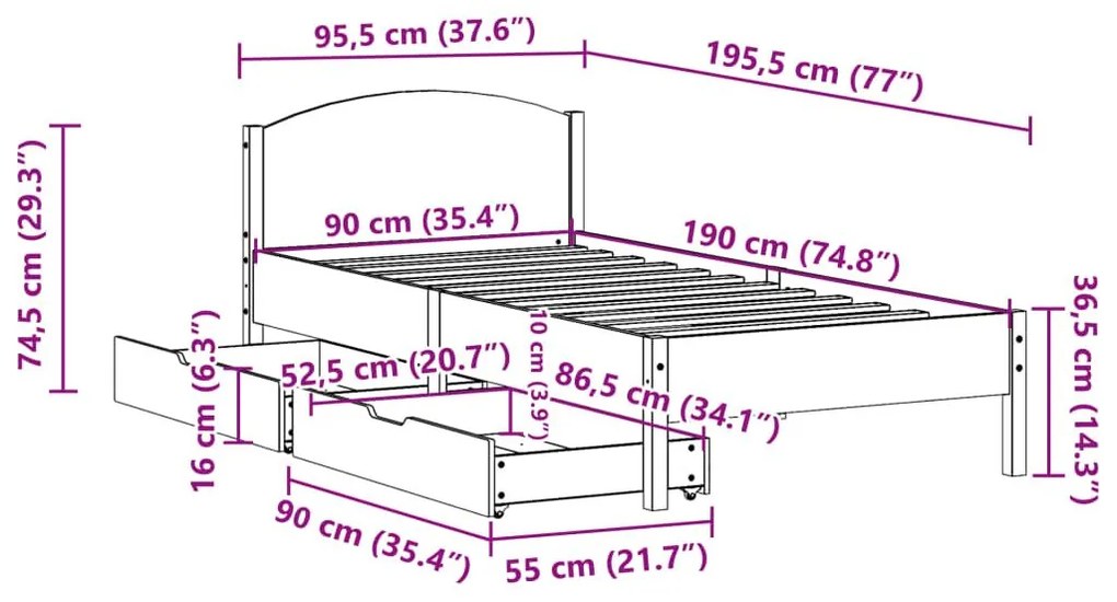 Σκελετός Κρεβατιού Χωρίς Στρώμα 90x190 εκ Μασίφ Ξύλο Πεύκου - Καφέ