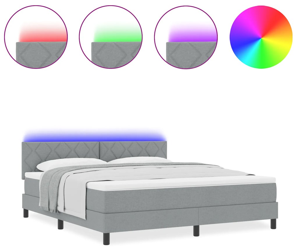 vidaXL Κρεβάτι Box Spring με Στρώμα & LED Ανοιχτό Γκρι 180x200 εκ. Ύφασμα