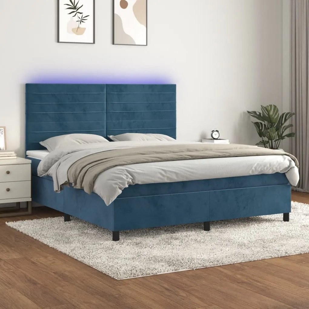 Κρεβάτι Boxspring με Στρώμα &amp; LED Σκ. Μπλε 160x200εκ. Βελούδινο - Μπλε