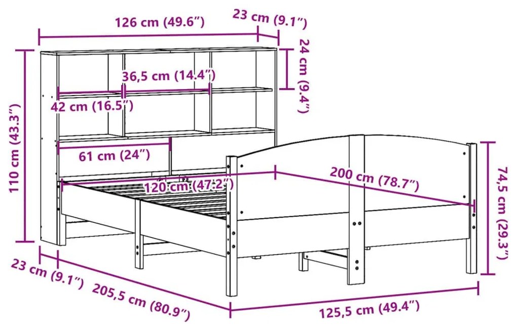 Κρεβάτι Βιβλιοθήκη Χωρίς Στρώμα 120x200 εκ Μασίφ Ξύλο Πεύκου - Καφέ