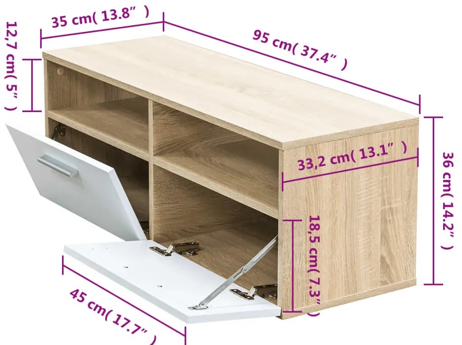 vidaXL Έπιπλο Τηλεόρασης Δρυς / Λευκό 95 x 35 x 36 εκ. από Επεξ. Ξύλο