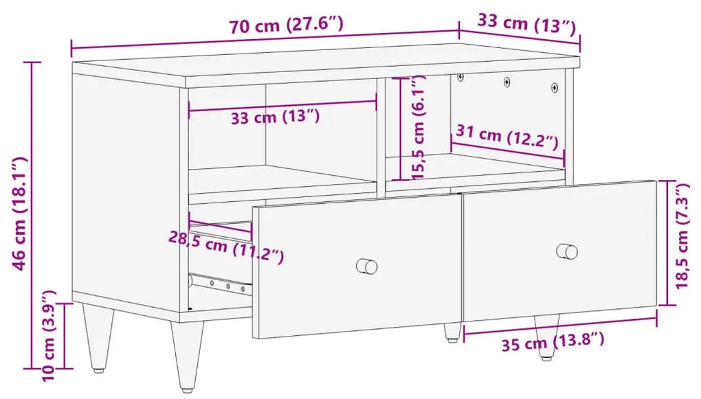 Έπιπλο Τηλεόρασης 70 x 33 x 46 εκ. από Μασίφ Ξύλο Μάνγκο - Καφέ