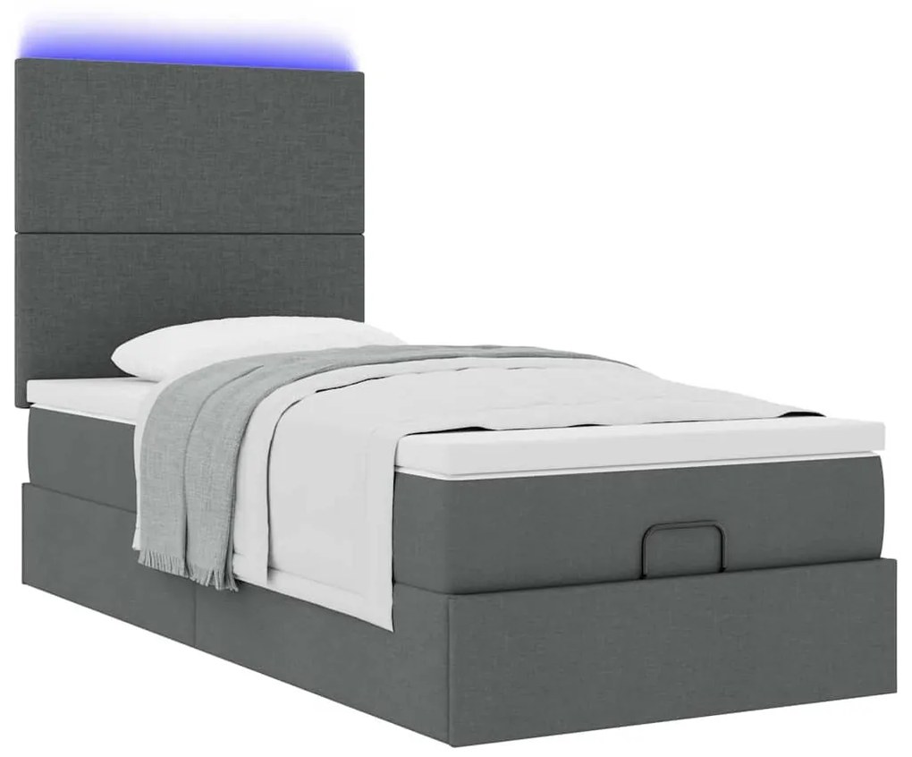 Οθωμανικό κρεβάτι με στρώμα &amp; LEDs Σκούρο γκρι 90x190cm ύφασμα 3313886