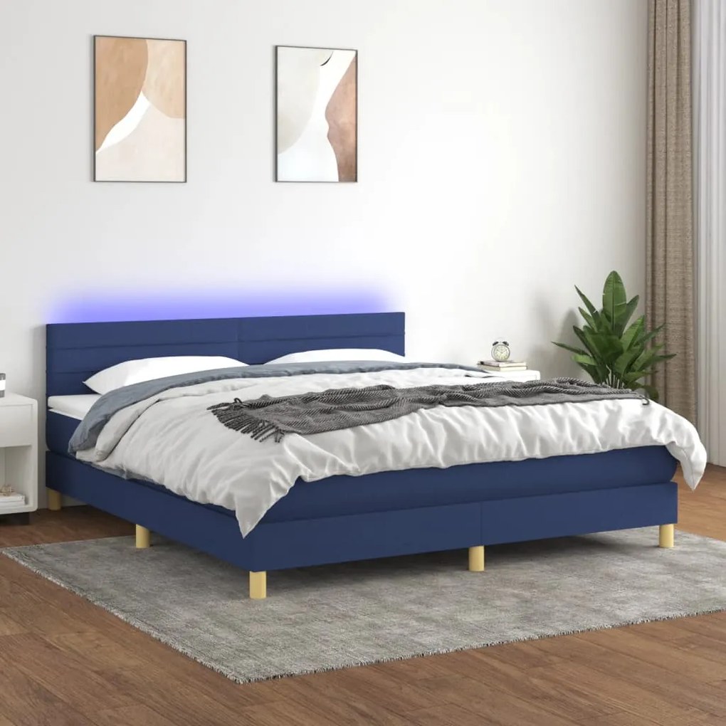 Κρεβάτι Boxspring με Στρώμα &amp; LED Μπλε 160x200 εκ. Υφασμάτινο - Μπλε