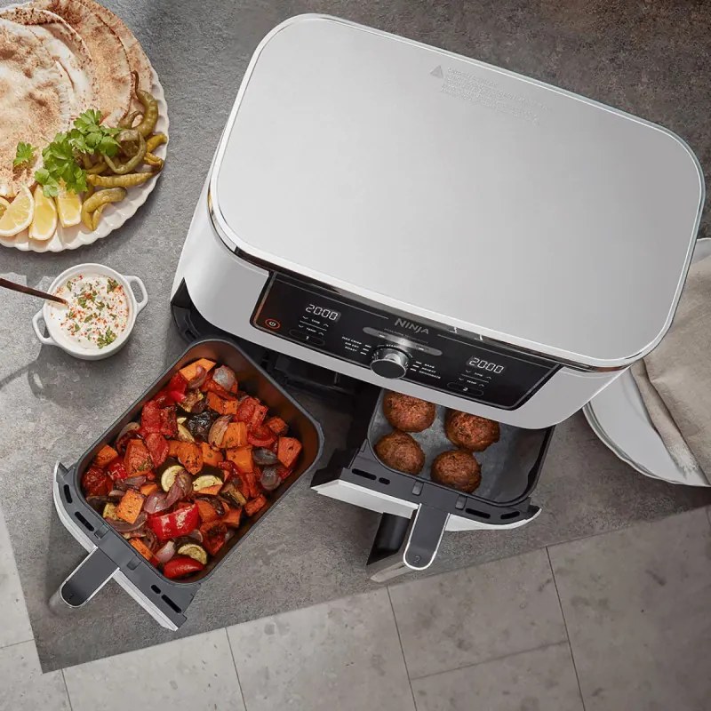 Ninja AF400EUWH διπλή φριτέζα θερμού αέρα, 2470W, 9,5 l, 6 προγράμματα, 40-240 C, ανεξάρτητες ζώνες, Λευκό