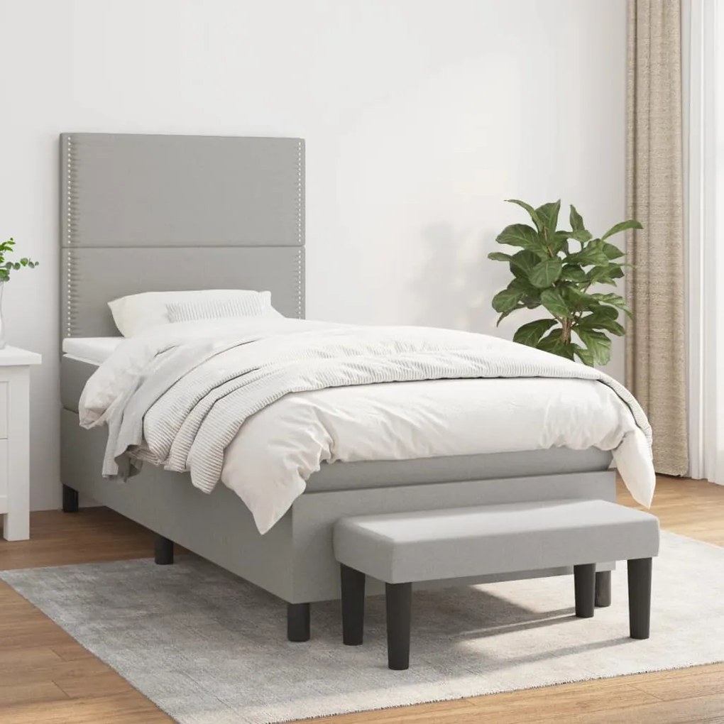 vidaXL Κρεβάτι Boxspring με Στρώμα Ανοιχτό Γκρι 90x190 εκ. Υφασμάτινο