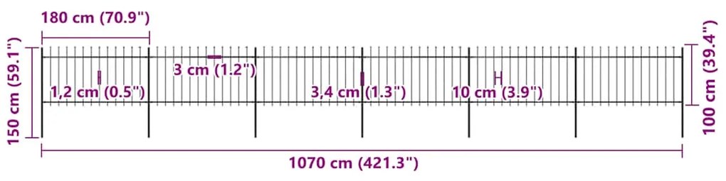 vidaXL Φράχτης Κήπου με Κορυφή Δόρυ από Ατσάλι, Μαύρος 1070 x 100 εκ.