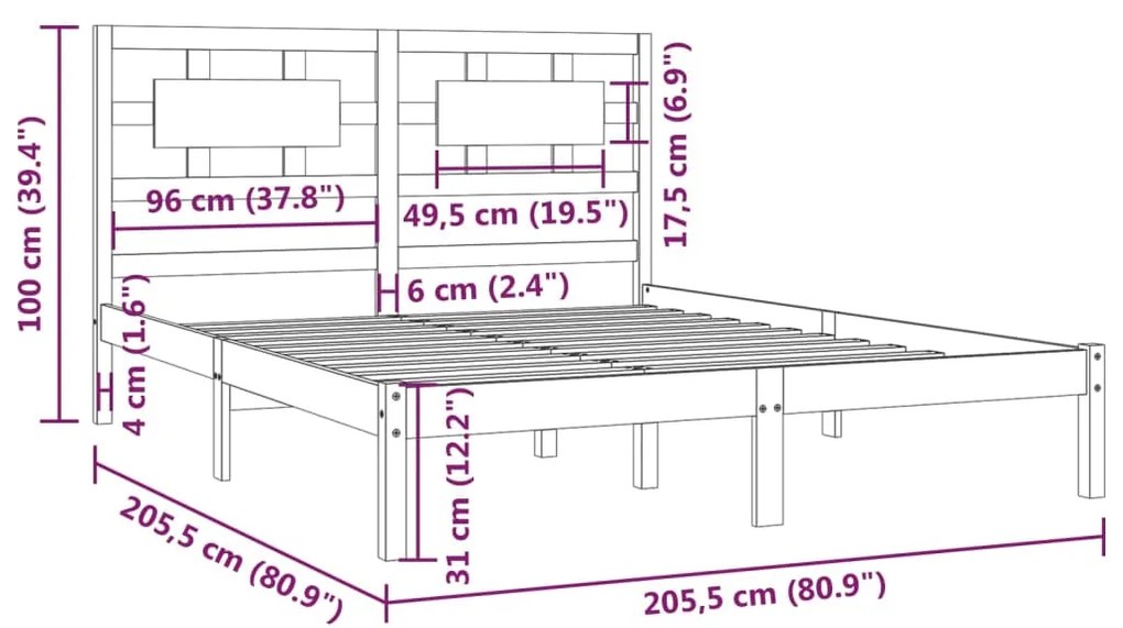 vidaXL Πλαίσιο Κρεβατιού Μαύρο 200 x 200 εκ. από Μασίφ Ξύλο Πεύκου