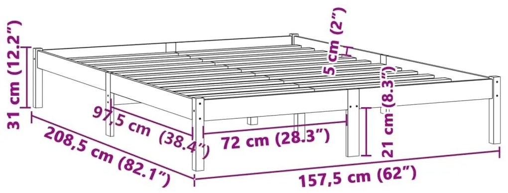 Σκελετός Κρεβατιού Χωρίς Στρώμα 152x203 εκ. Μασίφ Πεύκο - Καφέ