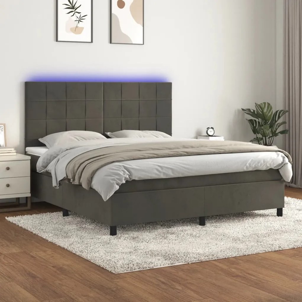Κρεβάτι Boxspring με Στρώμα & LED Σκ. Γκρι 160x200εκ. Βελούδινο