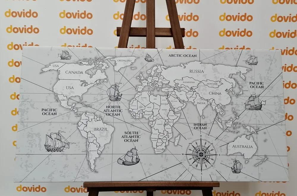 Εικόνα στον παγκόσμιο χάρτη από φελλό με βάρκες σε ασπρόμαυρο - 100x50  peg