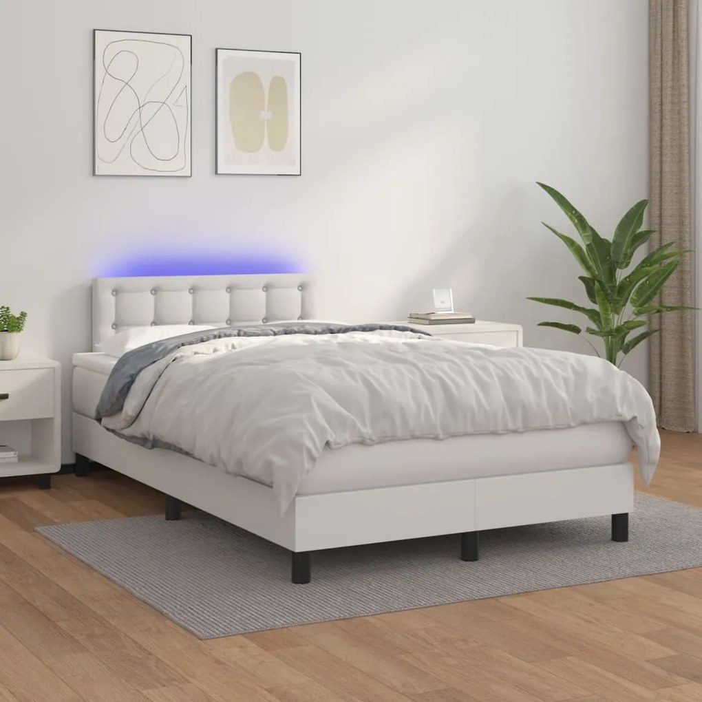 Κρεβάτι Boxspring με Στρώμα & LED Λευκό 120x200 εκ. Συνθ. Δέρμα